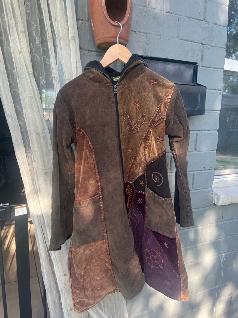 Bohemian/Festival Brown Patchwork Corduroy Hooded Jacket Fleece Lined